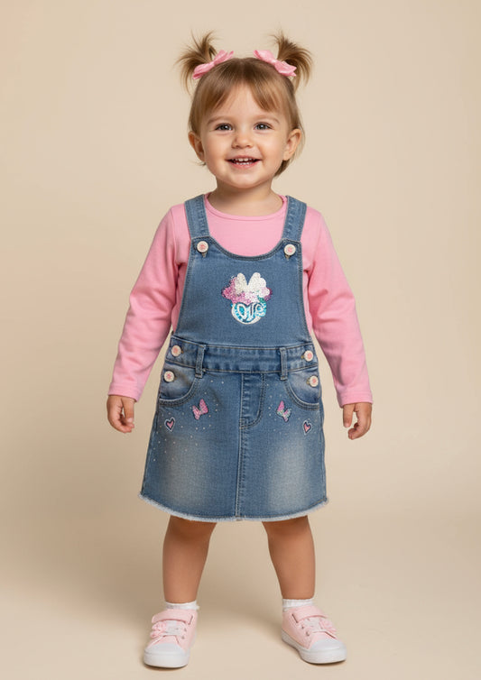 Completo gonna salopette jeans e maglietta maniche lunghe PINK BABY