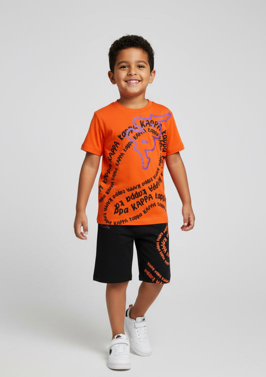 Completo Bambino T-shirt arancio + bermuda nero KAPPA - Taglia 4 anni