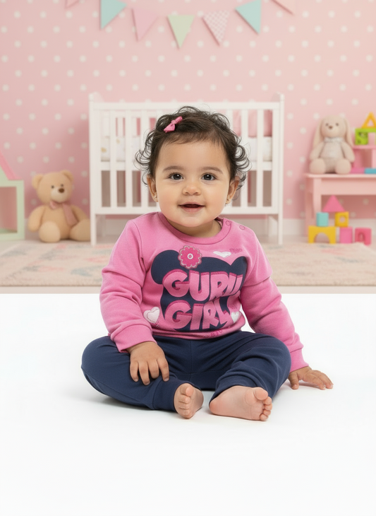 Tuta in felpa di cotone neonata fucsia e blu notte GURU - Taglia 9/12 mesi
