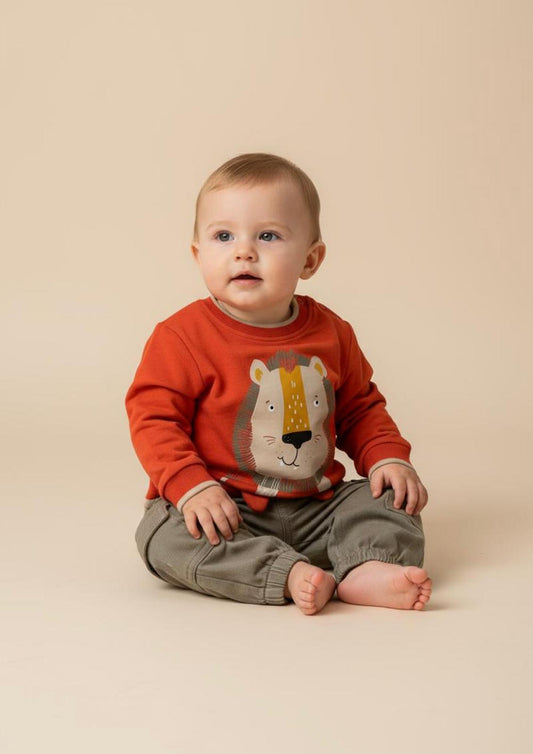 Completo Neonato caldo cotone Maglia con stampa leoncino e pantalone cargo - Taglia 6/9 mesi