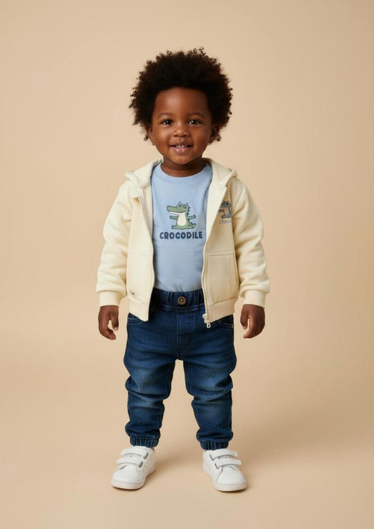 Completo Neonato 3 pezzi, maglia in caldo cotone+felpa con zip+pantalone in jeans di cotone