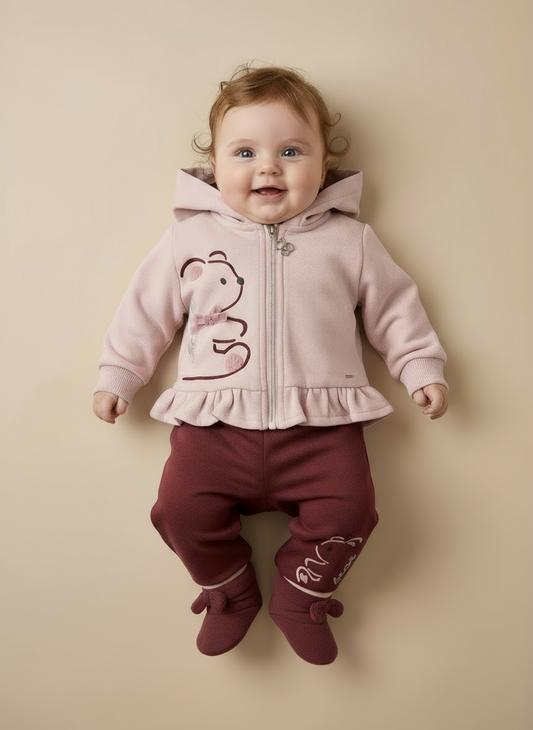 Completino neonata in felpa Rosa cipria e bordeaux con ricamo orsetto - Taglia 3/6 mesi