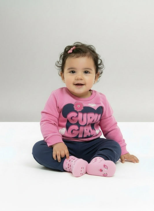 Tuta in felpa di cotone neonata fucsia e blu GURU - Taglia 9/12 mesi