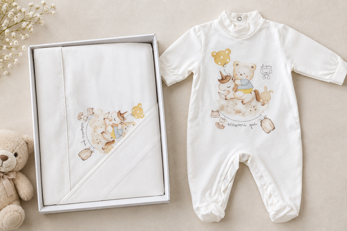 Set Nascita Neonato/a coordinato fantasia “Unicorno con Orsetti” 3 pezzi, in cotone: tutina, cappellino e completo lenzuolo culla CILIEGINA