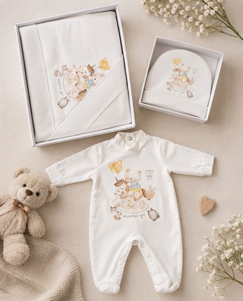 Set Nascita Neonato/a coordinato fantasia “Unicorno con Orsetti” 3 pezzi, in cotone: tutina, cappellino e completo lenzuolo culla CILIEGINA