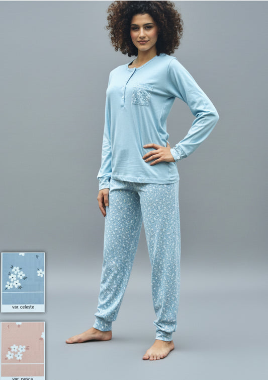 Pigiama Donna Calibrato Manica Lunga in cotone fantasia floreale BACI DI NOTTE - Taglia 60