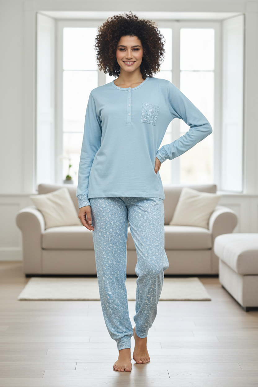 Pigiama Donna Calibrato Manica Lunga in cotone fantasia floreale BACI DI NOTTE - Taglia 60