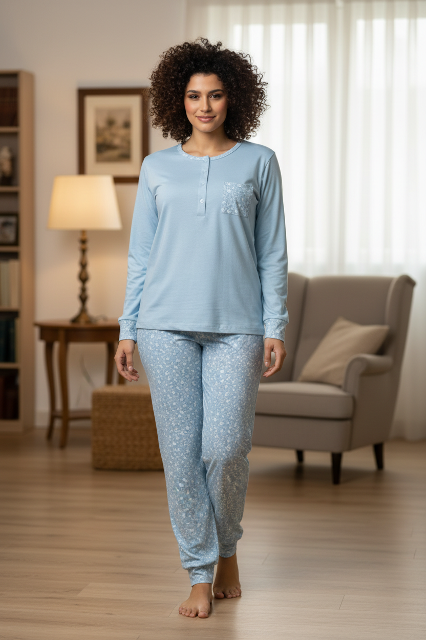 Pigiama Donna Calibrato Manica Lunga in cotone fantasia floreale BACI DI NOTTE - Taglia 60
