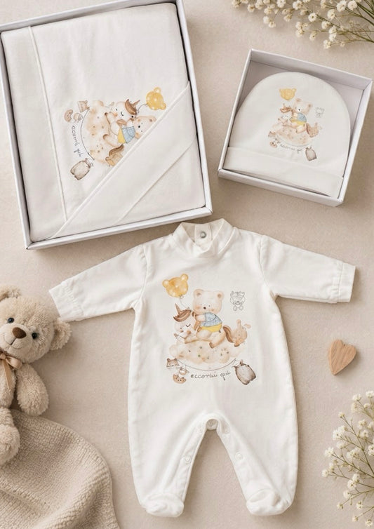 Set Nascita Neonato/a coordinato fantasia “Unicorno con Orsetti” 3 pezzi, in cotone: tutina, cappellino e completo lenzuolo culla CILIEGINA