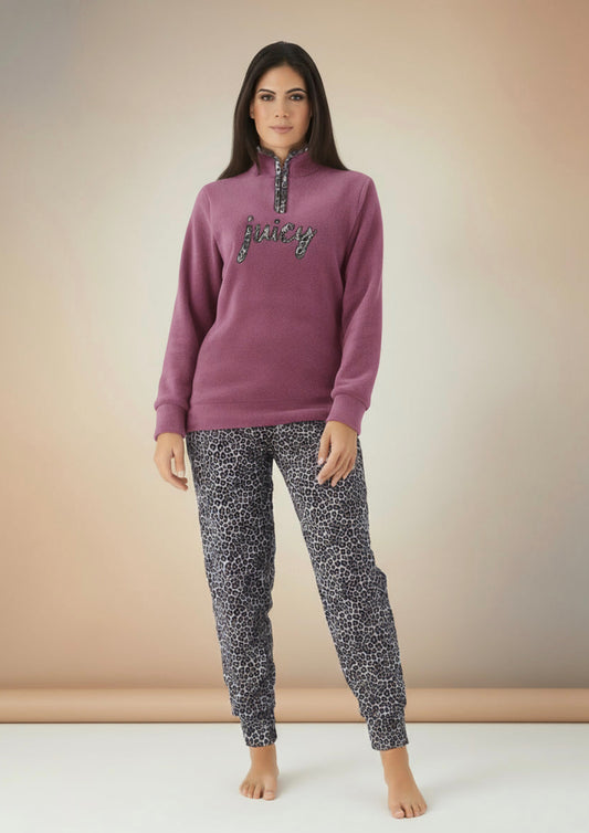 Pigiama Donna Pile Coral fleece Calibrato fantasia animalier magenta e grigio - Taglia 60