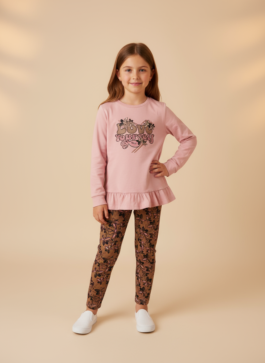 Completo Bambina “Love yourself” maglia e leggins in cotone felpato - Taglia 7/8 anni