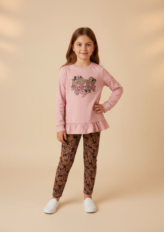 Completo Bambina “Love yourself” maglia e leggins in cotone felpato