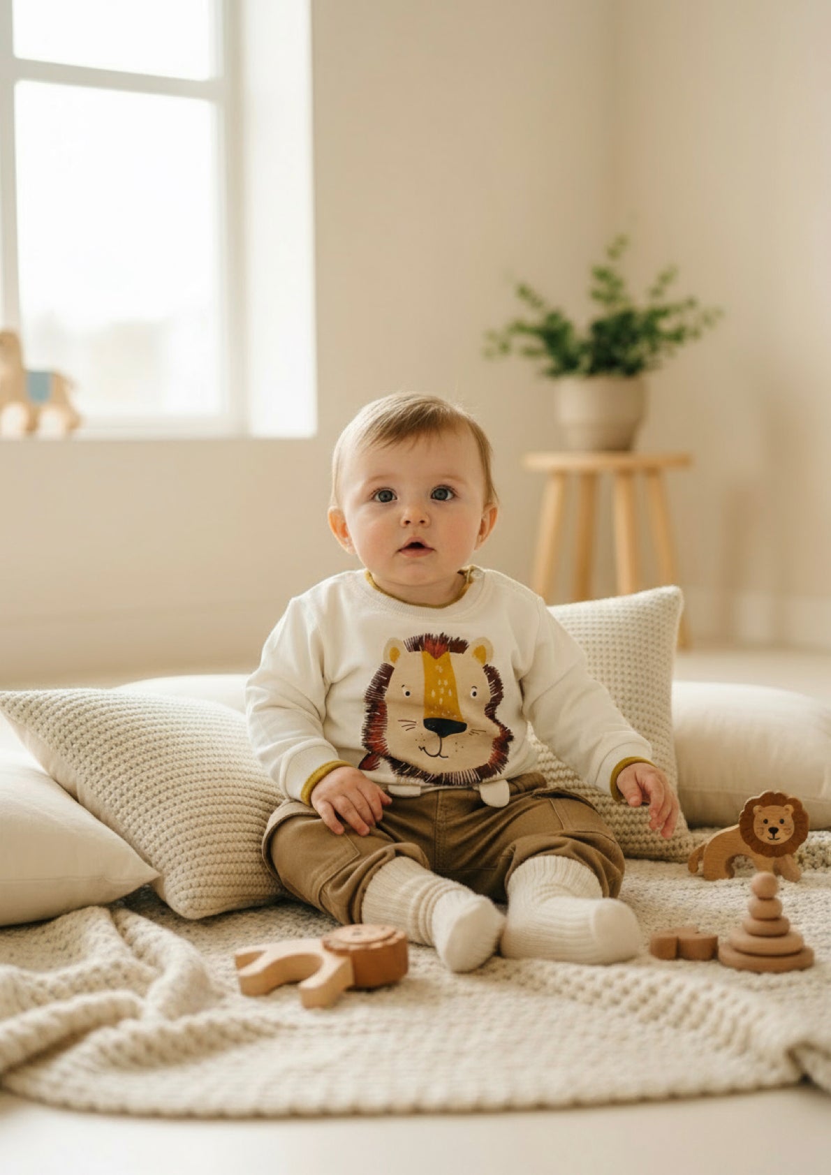 Completo Neonato caldo cotone Maglia con stampa leoncino e pantalone cargo - Taglia 3/6 mesi