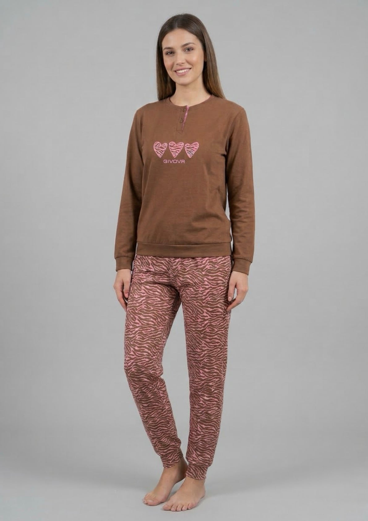 Pigiama donna jersey manica lunga ALV by ALVIERO MARTINI color caffè e rosa anilamlier