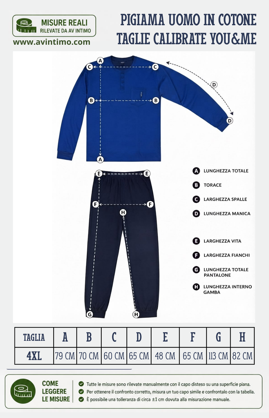 Schema Guida alle taglie Pigiama Uomo in cotone interlock taglia calibrata 4XL