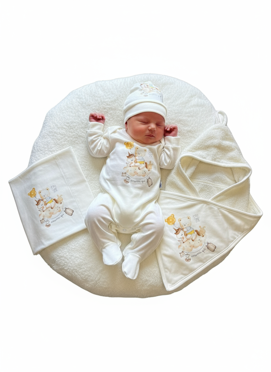 Set Nascita Neonata coordinato fantasia “Unicorno con Orsetti” 4 pezzi, in cotone: tutina, cappellino, accappatoio a triangolo e completo lenzuolo culla CILIEGINA