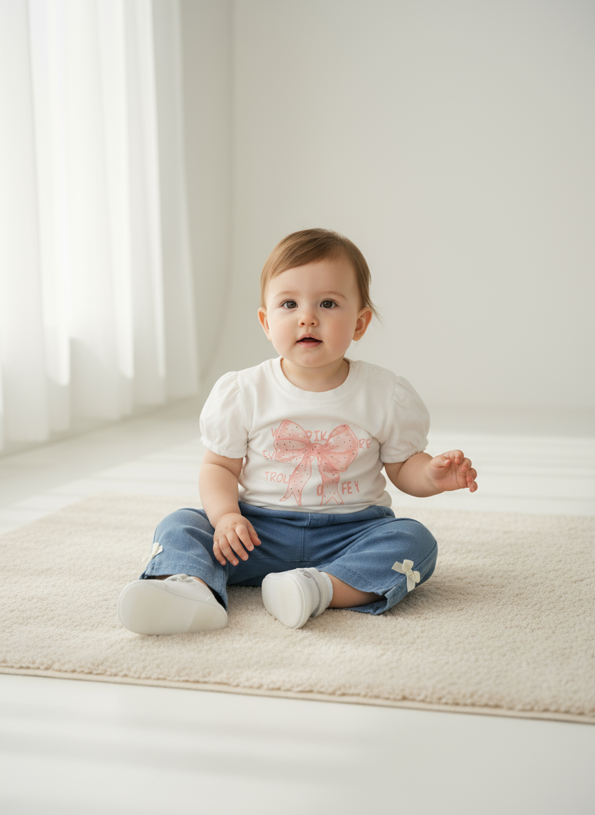 T-shirt a maniche corte stampata con jeans a zampa con fiocchetti LOLLITOP