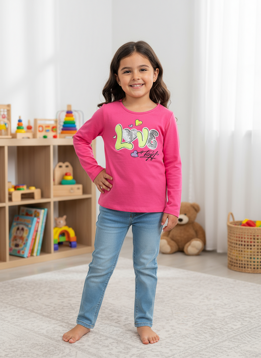 T-shirt Bambina manica lunga  in jersey di cotone con pailettes multicolor - Taglia 4 e 10 anni