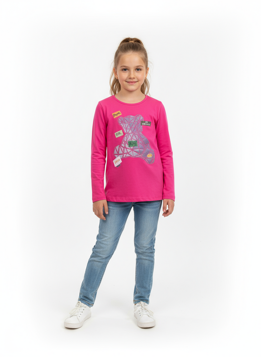 T-shirt Bambina e Ragazza manica lunga in jersey di cotone stampata con strass