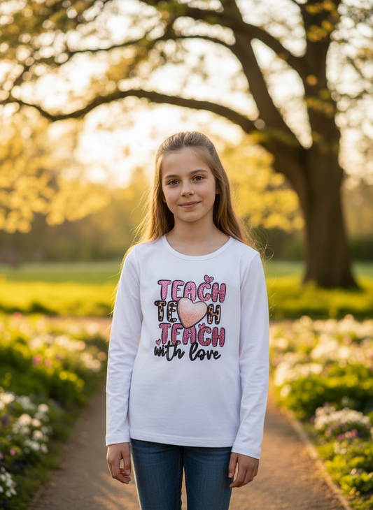 T-shirt Bambina manica lunga  in jersey di cotone stampata con strass - Taglie dalla 8 alla 12 anni