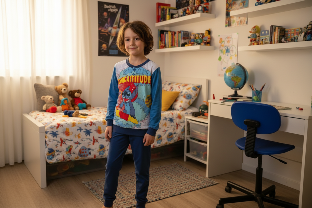 Pigiama Bambino manica lunga serafino in Jersey di Cotone Ellepi Stitch DISNEY - Taglia 6 anni