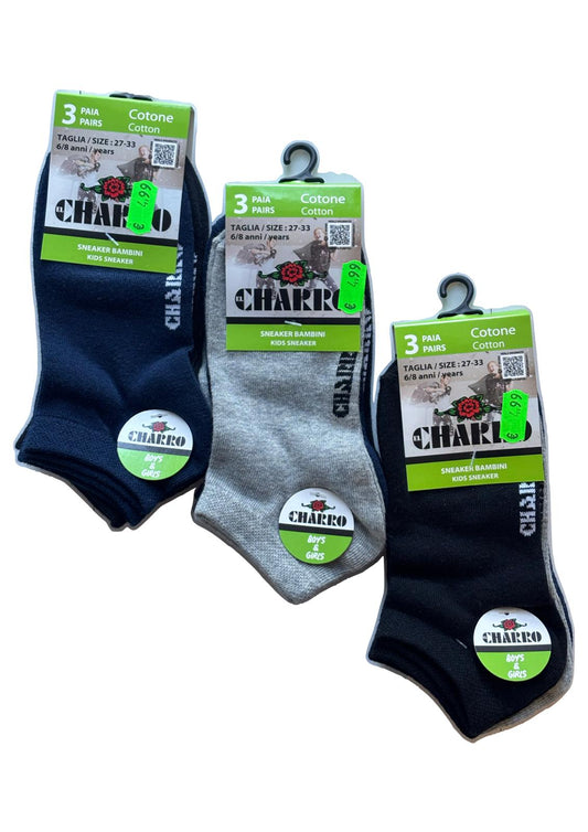 Tripack calzini sneaker Kids e Junior corti unisex in cotone CHARRO