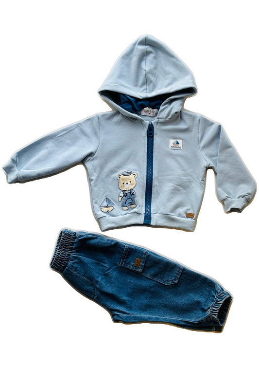 Completo Neonato 2 pezzi maglia in cotone garzato con zip e cappuccio + Jeans STELLE&PUPI