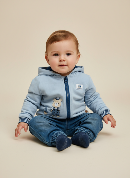 Completo Neonato 2 pezzi maglia in cotone garzato con zip e cappuccio + Jeans STELLE&PUPI
