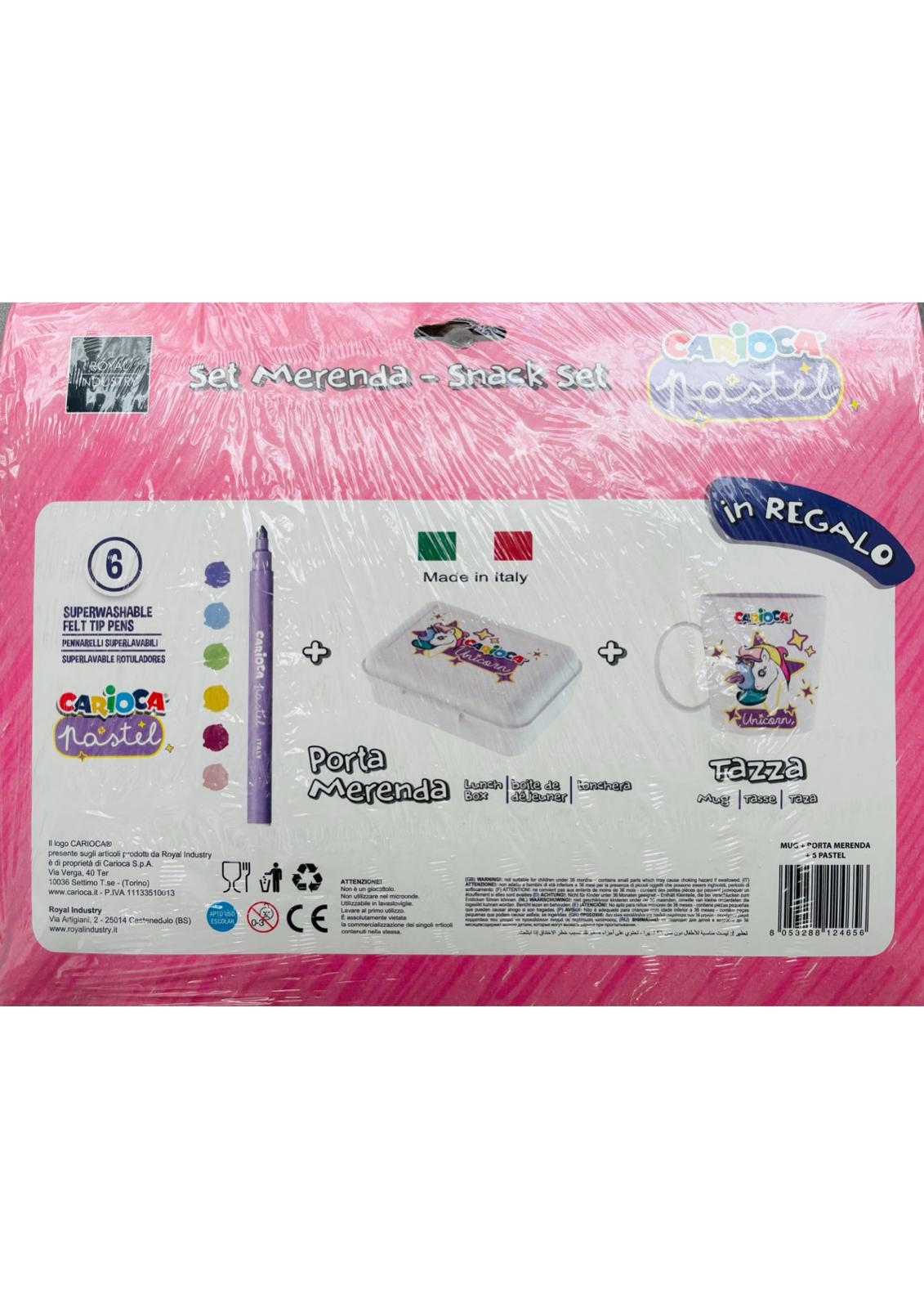 Set Tazza Mug + Portamerenda + 6 pennarelli superlavabili Unicorno CARIOCA