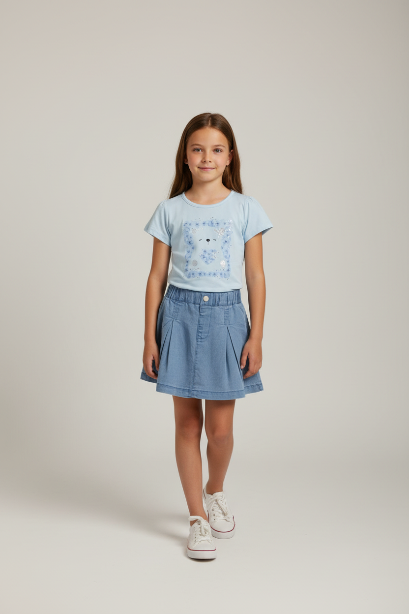Completo bambina T-shirt con stampa orsetto e gonna in denim MISS IMAGE - Taglia 8 anni