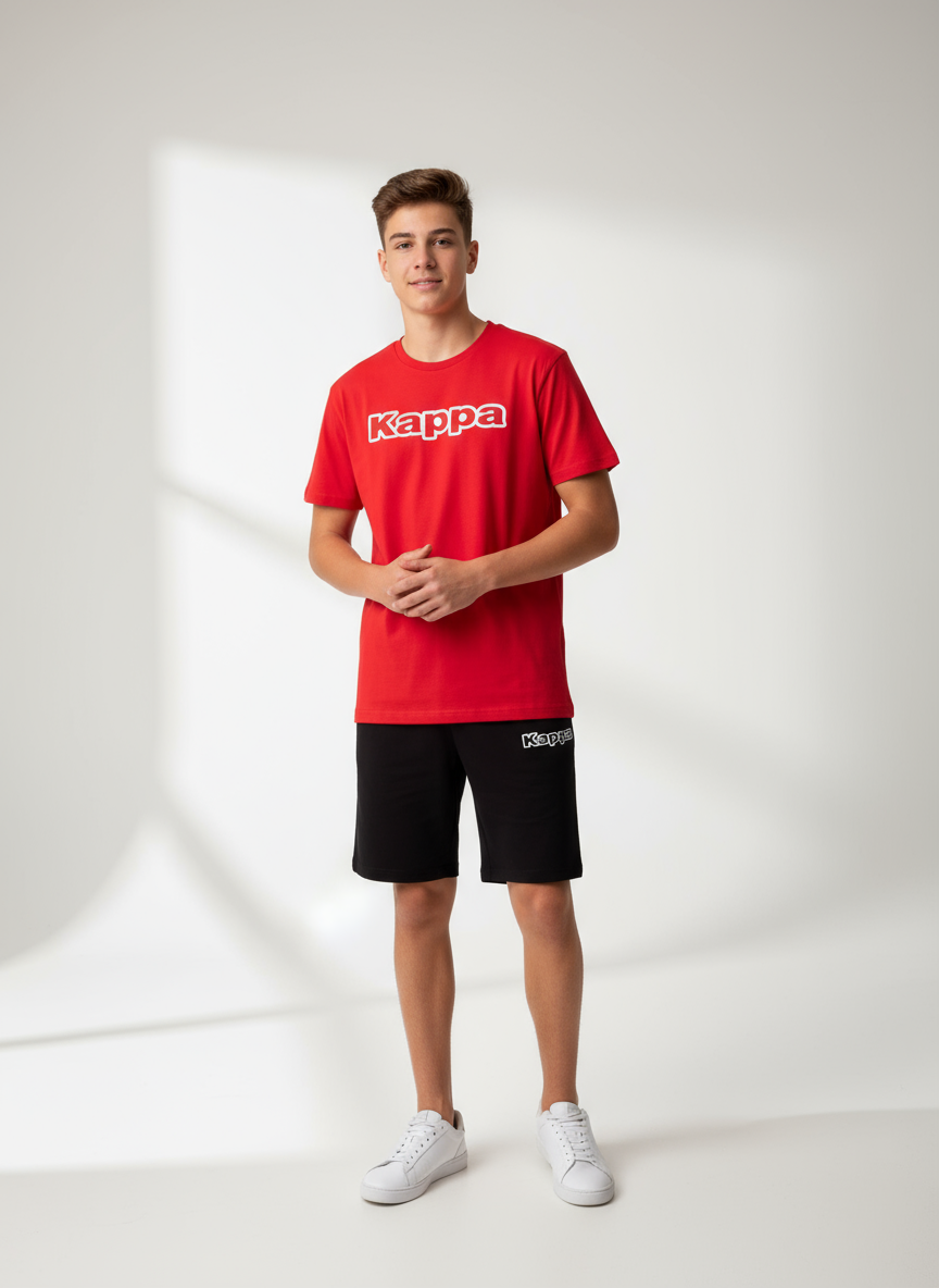 Completo Ragazzo T-shirt rossa + bermuda nero KAPPA - Taglia 14 anni