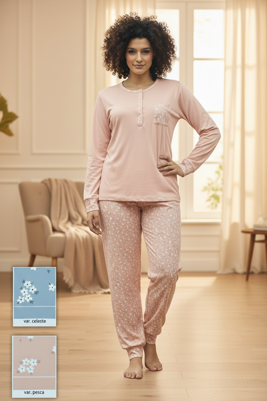 Pigiama Donna Calibrato Manica Lunga in cotone fantasia floreale BACI DI NOTTE - Taglia 60