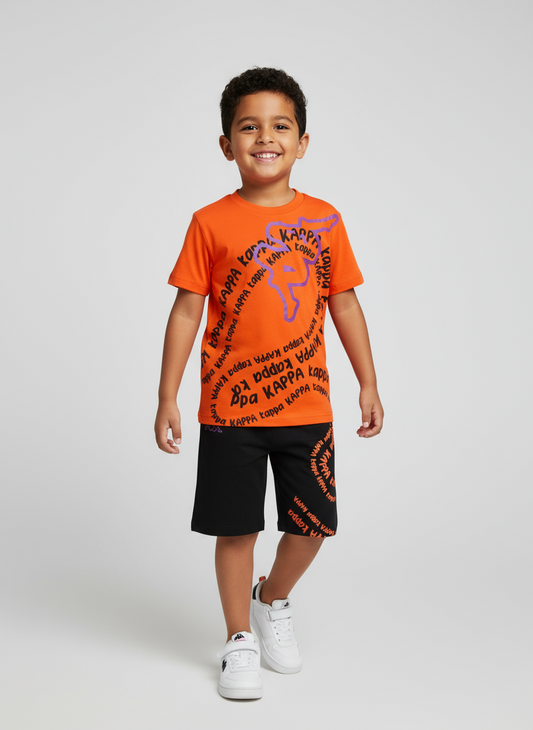 Completo Bambino T-shirt arancio + bermuda nero KAPPA