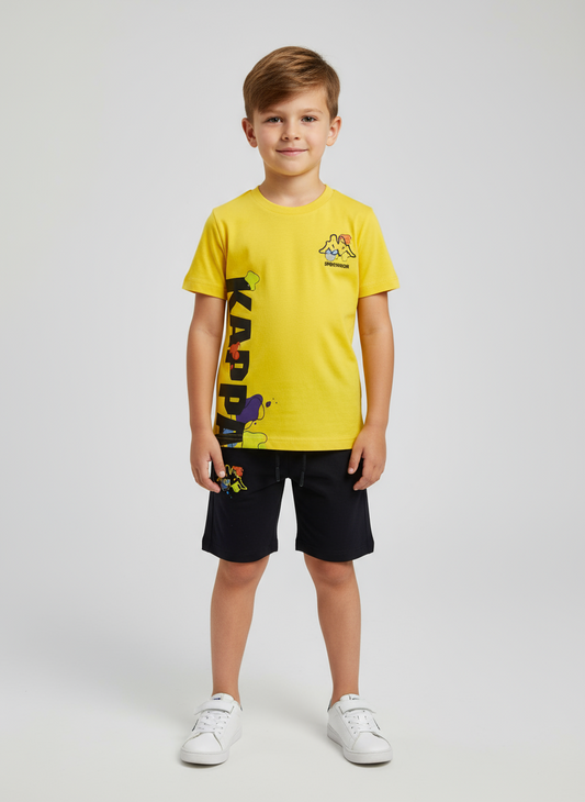 Completo Bambino T-shirt gialla + bermuda nero KAPPA - Taglie 5 e 6 anni