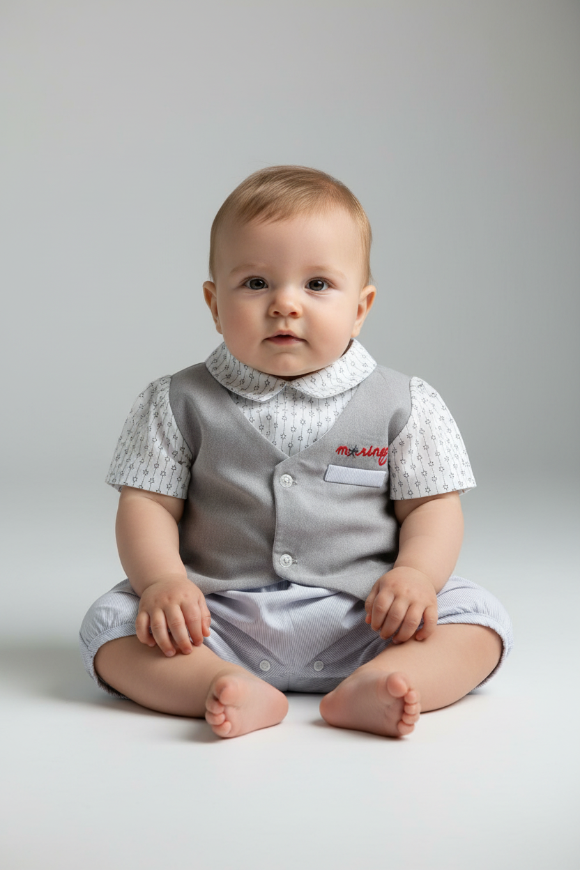Pagliaccetto elegante neonato effetto gilet grigio e pantaloncino a righe – NAZARENO GABRIELLI - Taglia 6/9 mesi