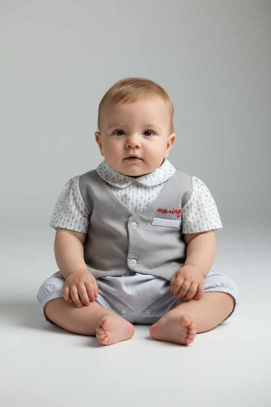 Pagliaccetto elegante neonato effetto gilet grigio e pantaloncino a righe – NAZARENO GABRIELLI - Taglia 6/9 mesi