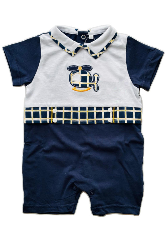 Pagliaccetto neonato effetto maglietta bianca e pantaloncino blu Navy con dettagli a quadri – LES JOLIES