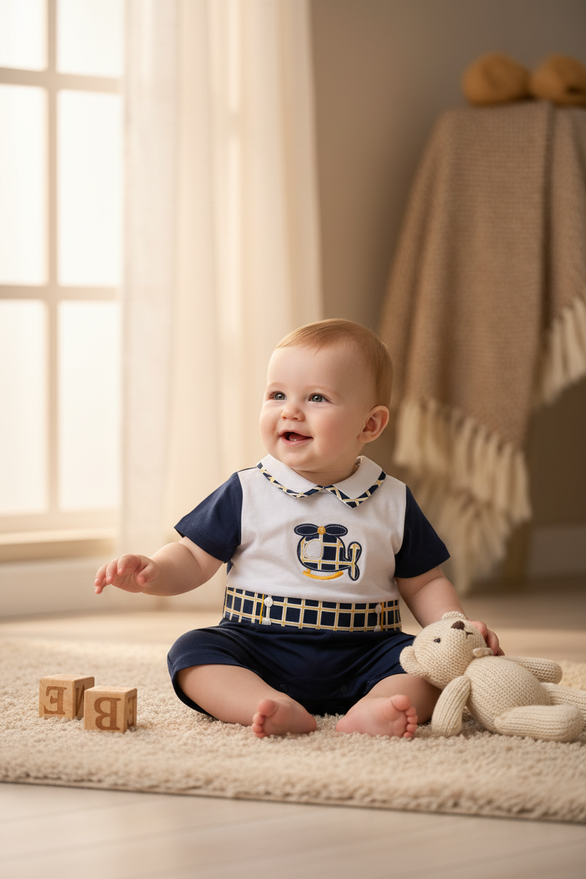 Pagliaccetto neonato effetto maglietta bianca e pantaloncino blu Navy con dettagli a quadri – LES JOLIES - Taglia 6/9 mesi