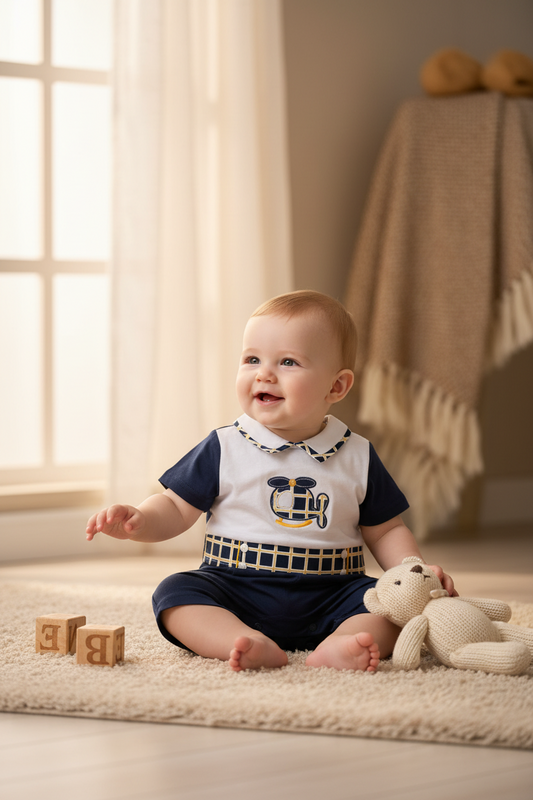 Pagliaccetto neonato effetto maglietta bianca e pantaloncino blu Navy con dettagli a quadri – LES JOLIES - Taglia 6/9 mesi