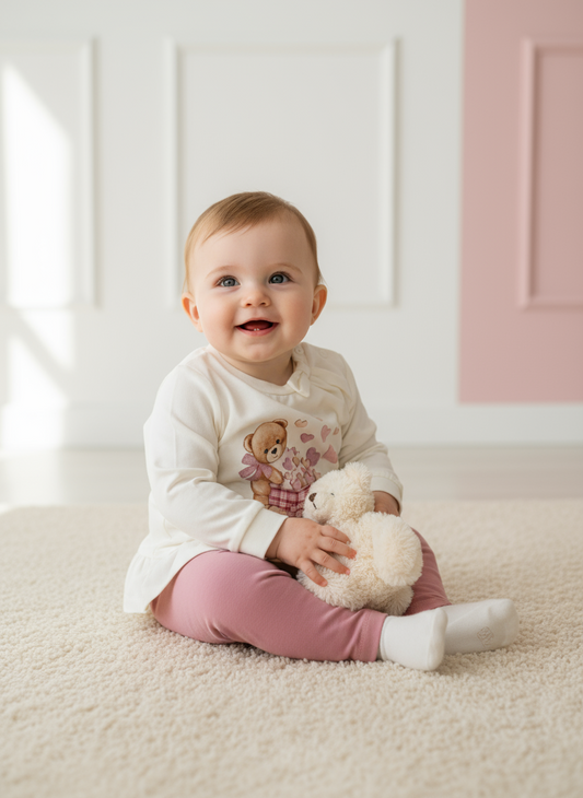 Completino neonata in caldo cotone maglia bianca + leggins cipria LOLLITOP - Taglia 6/9 mesi