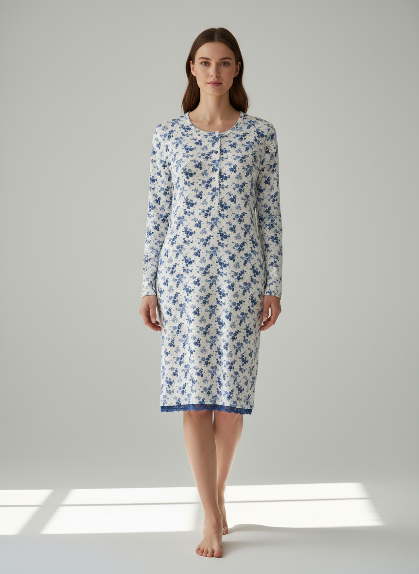 Camicia da notte donna Interlock fantasia floreale blu con pizzo BACI DI NOTTE - Taglia S