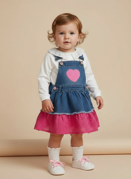 Completo gonna salopette e maglietta maniche lunghe jeans e pizzo Sangallo LOLLITOP
