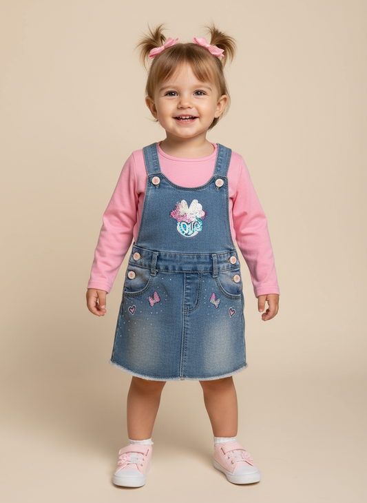 Completo gonna salopette jeans e maglietta maniche lunghe PINK BABY