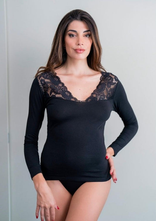 Maglia manica lunga in cotone elasticizzato e pizzo scollo a V RISVEGLIA I SENSI