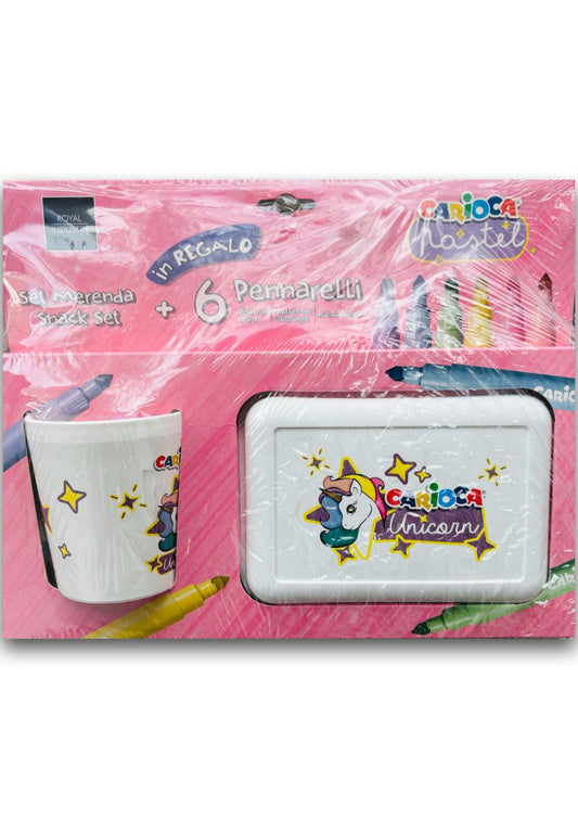 Set Tazza Mug + Portamerenda + 6 pennarelli superlavabili Unicorno CARIOCA