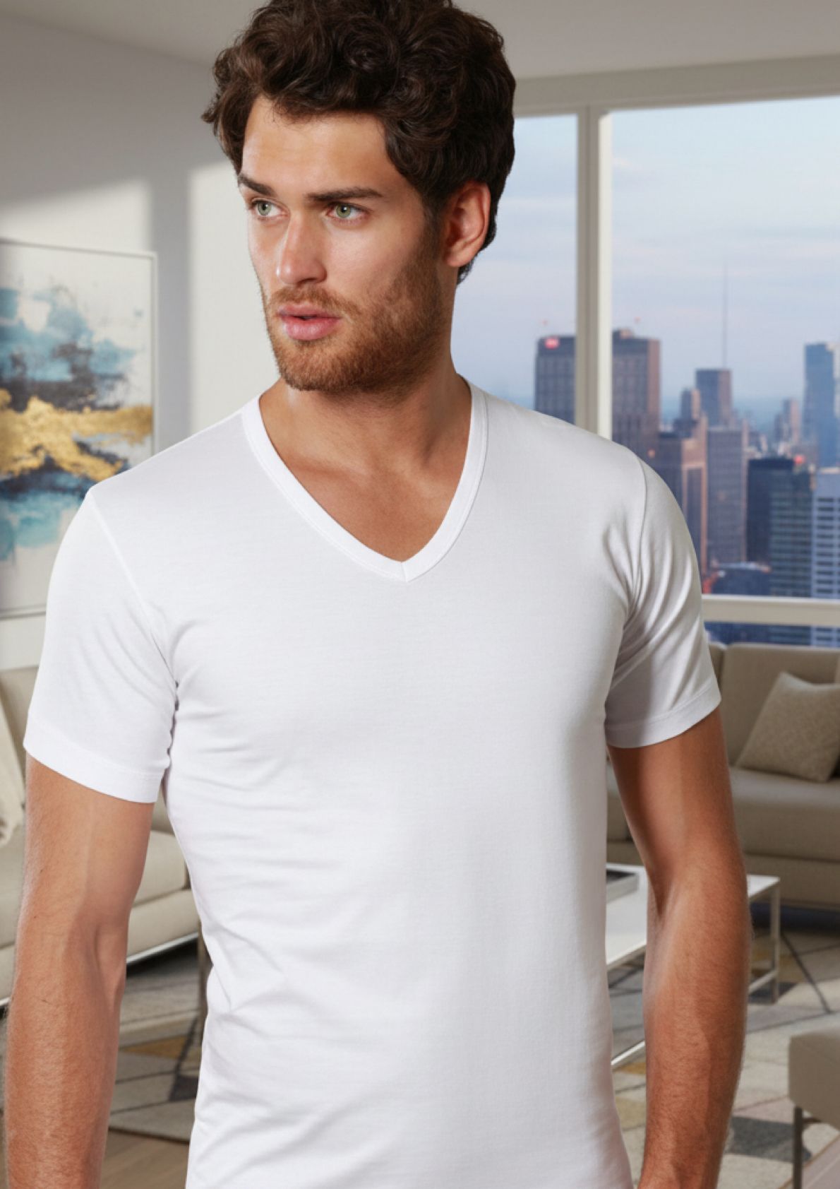 Maglia Uomo Mezza Manica scollo a V cotone jersey bianca - NOTTINGHAM