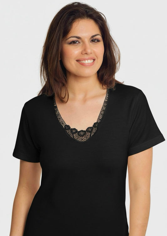 Maglia donna mezza manica con pizzo macramè lana cotone - LEABLE