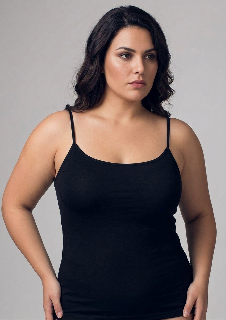 Canotta donna spallina stretta 100% cotone con bordo raso - NOTTINGHAM colore nero taglie forti