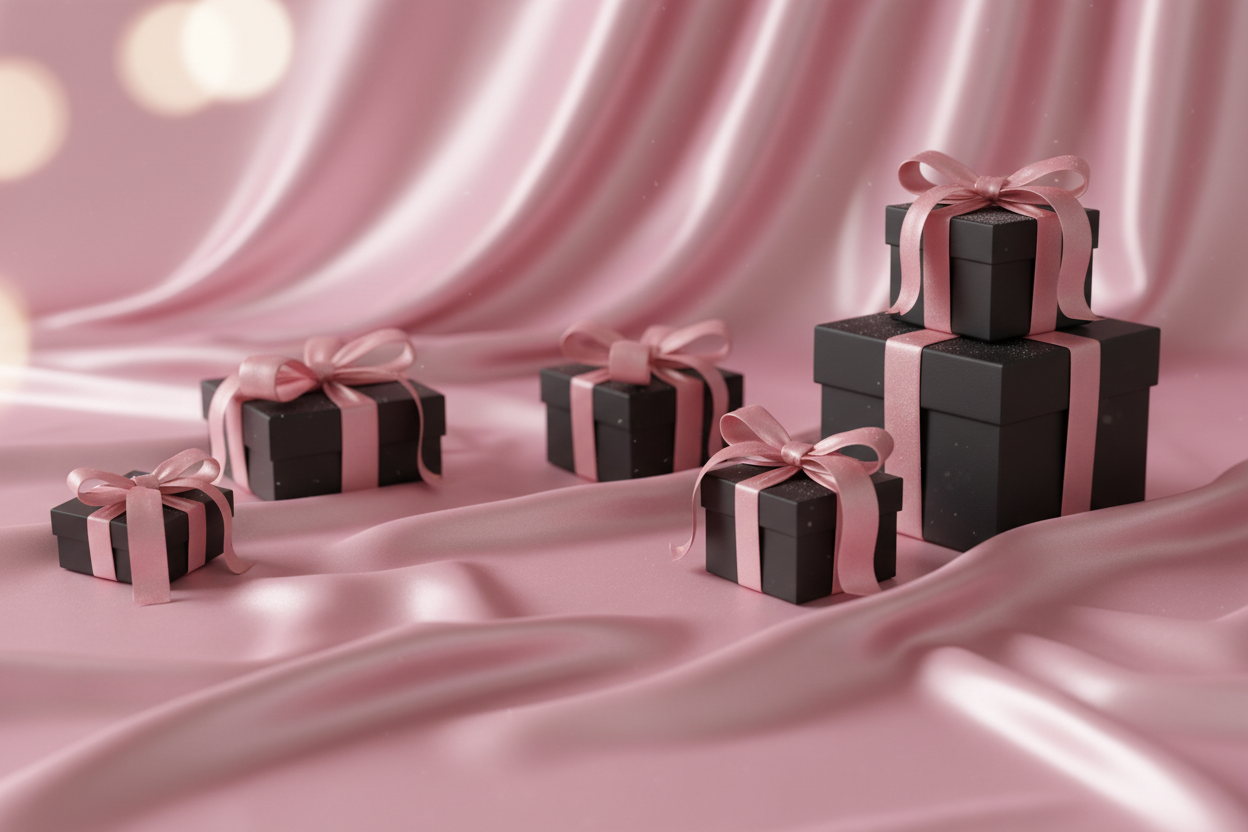 genera immagine bunner orizzontale fondo rosa cipria lucido tipo raso con pacchi neri e fiocchi rosa in raso molto realistica tema black friday senza scritte