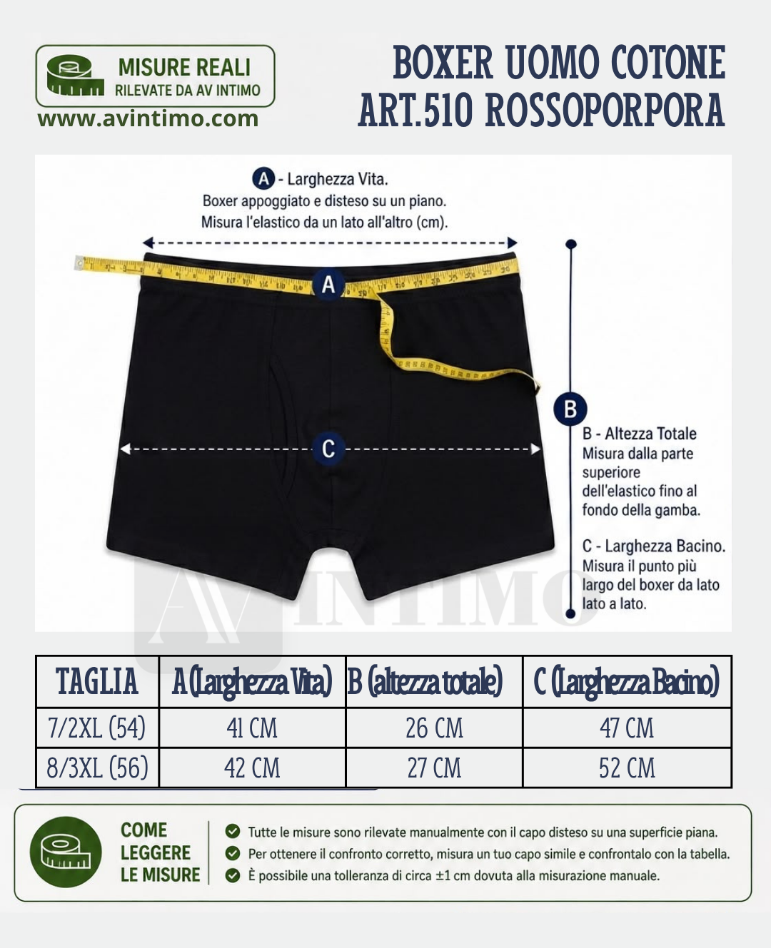 Schema con le misure in cm del boxer Rossoporpora art. 510 taglie 2XL e 3XL